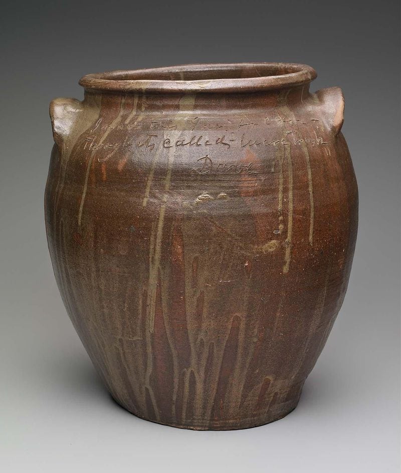 A 1857 storage jar by David Drake. Drake was literate, a crime for enslaved people in the pre-Civil War South. Yet he often inscribed his largest vessels with his name, date, poems and observations.