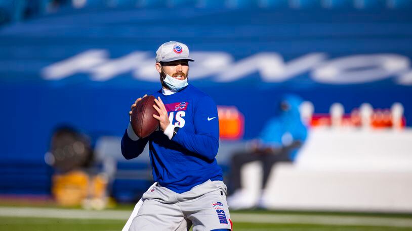 Buffalo Bills quarterback Jake Fromm (10) warms up before a game against the Los Angeles Chargers, Sunday, Nov. 29, 2020, in Orchard Park, N.Y. (Brett Carlsen/AP)