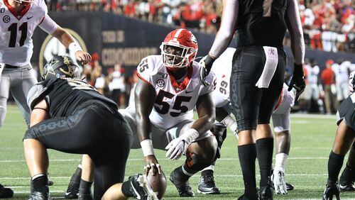 Georgia offensive lineman Trey Hill (55) during the Bulldogs' game against the Vanderbilt Commodores at Vanderbilt Stadium in Nashville, Tenn., on Saturday, Aug. 31, 2019. (Photo by Perry McIntyre)