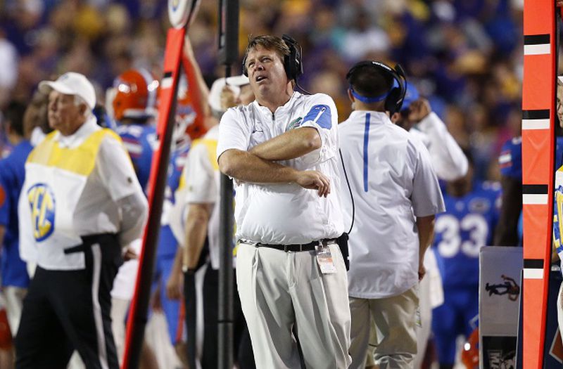 Florida head coach Jim McElwain reacts in the second half of an NCAA college football game against LSU in Baton Rouge, La., Saturday, Oct. 17, 2015. LSU won 35-28. (AP Photo/Gerald Herbert)