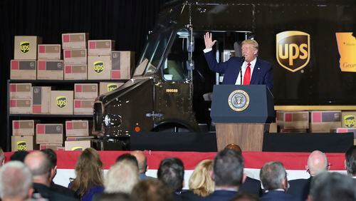 President Donald Trump visits Georgia to talk about an infrastructure overhaul at the UPS Hapeville hub at Hartsfield-Jackson International Airport on Wednesday July 15, 2020 in Atlanta. The visit focused on a rule change designed to make it easier to process environmental reviews. (Curtis Compton/Atlanta Journal-Constitution via AP)
