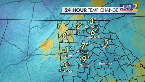 Temperatures are running up to 10 degrees lower Tuesday morning on the other side of a cold front.