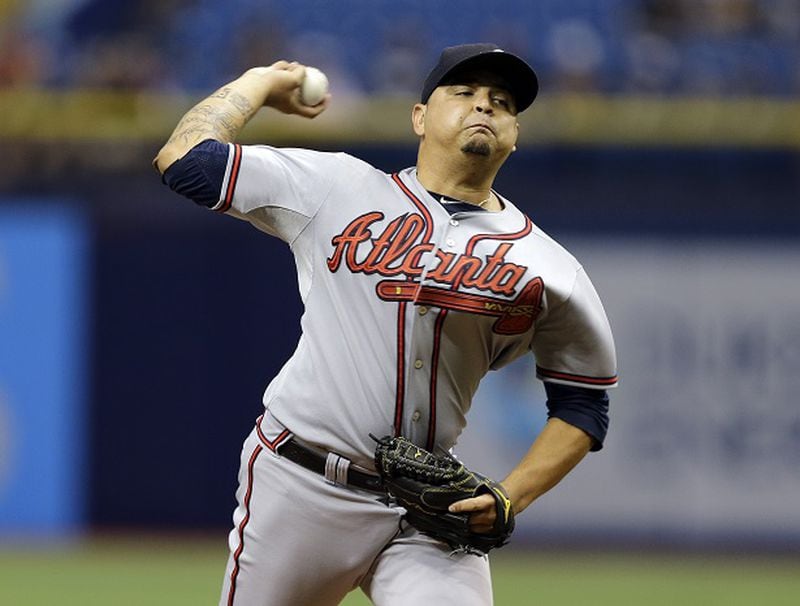 Atlanta Braves starting pitcher Williams Perez delivers to the Tampa Bay Rays during the first inning of a baseball game Tuesday, Aug. 11, 2015, in St. Petersburg, Fla. (AP Photo/Chris O'Meara)