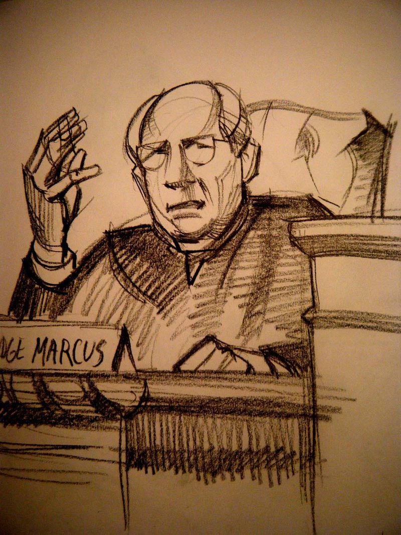 Judge Stanley Marcus, as seen during oral arguments. (Sketched by AJC artist Walter Cumming)