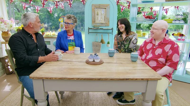 The current cast of “The Great British Baking Show” is (from left) judges Paul Hollywood and Prue Leith and hosts Noel Fielding and Matt Lucas. (Courtesy of Channel 4)