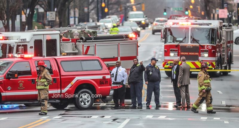 Major streets in Midtown were blocked due to an underground electrical explosion. JOHN SPINK / JSPINK@AJC.COM