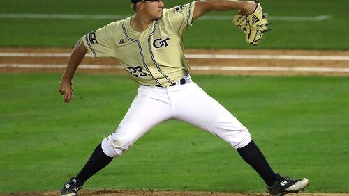 Georgia Tech pitcher Bailey Combs delivers a pitch against Georgia on Tuesday, April 25, 2017, at Russ Chandler Stadium in Atlanta.  Curtis Compton/ccompton@ajc.com