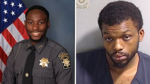 Fulton County sheriff's Deputy James Thomas (left) was fatally shot while driving Thursday. Alton Deshawn Oliver has been arrested in connection with the incident.