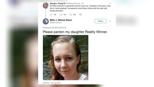 Reality Winner’s mother, Billie Winner-Davis, had a blunt reply to President Trump’s tweet this morning: “Please pardon my daughter.”