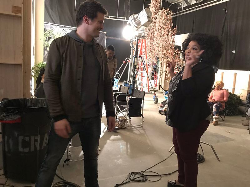  Jason Ritter yukking it up with Kimberly Hebert Gregory on the set of "Kevin (Probably) Saves the World." CREDIT: Rodney Ho/rho@ajc.com