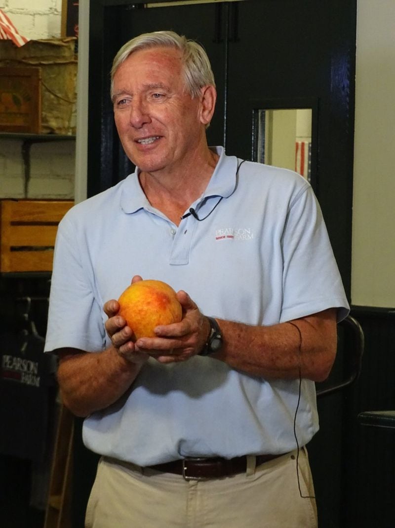 Is that the world’s largest peach? Al Pearson holds a giant peach recently picked on his farm near Fort Valley in central Georgia. Pearson, who lost about half his peach crop to earlier poor weather conditions, said the peach (now frozen to keep it preserved) weighs 1.8 pounds. He applied for it to be recognized by Guinness World Records. Guinness said the application is “under review.” Photo courtesy of Pearson Farm