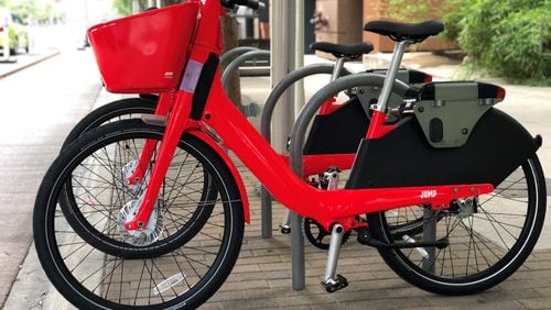 Uber's Jump Bikes are parked in downtown Austin on Thursday, June 28, 2018.