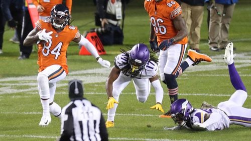Chicago Bears returner Cordarrelle Patterson (84) returns a kickoff 104 yards for a touchdown to open the third quarter against the Minnesota Vikings on Monday, Nov. 16, 2020 at Soldier Field in Chicago. (Brian Cassella/Chicago Tribune/TNS) 