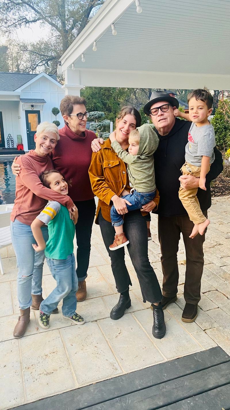 Newly discovered family members gathered for Thanksgiving last year, including Mary Grace Henry with son Emilio Fromow Henry (from left); Lisa Ortenzi beside her daughter Merci Treaster, holding her son Oliver Treaster; and Grant Henry holding grandson Isaac Fromow Henry.
(Courtesy of Grant Henry)