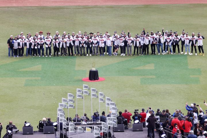 At the end of the event, the Atlanta Braves team poses for the media in front of the 2021 World Series Champion trophy on Friday, November 5, 2021.
Miguel Martinez for The Atlanta Journal-Constitution