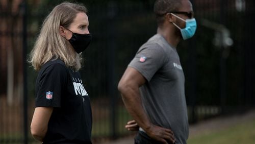 Kirsten Grohs (left) at Atlanta Falcons training camp Aug. 23, 2020 in Flowery Branch. Grohs is the Falcons' manager of football administration. (Kara Durrette/Atlanta Falcons)