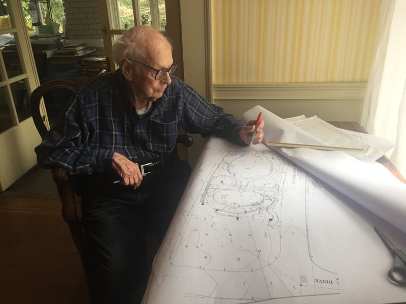 Just out of the hospital, Edward L. Daugherty sketches plans for a sunken park/garden at Peachtree Battle and Rivers Road, commissioned by the Habersham Garden Club. CONTRIBUTED: ELIZABETH SHORTRIDGE