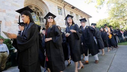 May 8,  2017 - Atlanta -  Students enter the ceremony during the Processional.  Emory University held it's 2017 Commencement Monday morning, the university's 172nd .  The commencement was Emory President Claire E. Sterk's first  as president.  Former U.S. Poet Laureate Natasha Tretheway  delivered the keynote address.  Trethewey is the Robert W. Woodruff Professor of English and Creative Writing and director of the Creative Program at Emory. She served two terms as the 19th Poet Laureate of the United States (2012-2014).  BOB ANDRES  /BANDRES@AJC.COM