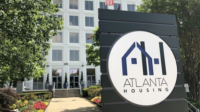 A sign in front of the Atlanta Housing Authority's headquarters displays the agency's logo. (Scott Trubey)