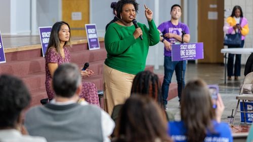 Democratic gubernatorial candidate Stacey Abrams speaks at a campaign rally targeting Asian American and Pacific Islander (AAPI) voters in Norcross on Friday, October 7, 2022.   (Arvin Temkar / arvin.temkar@ajc.com)