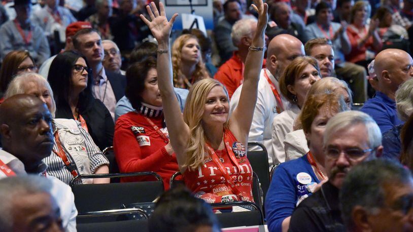 May 18, 2019 Savannah - A attendee reacts during 2019 GAGOP State Convention at Savannah International Trade and Convention Center in Savannah on Saturday, May 18, 2019. More than 1,000 conservative activists gathered Saturday to plot the Georgia GOPâs strategy for next yearâs presidential election and select a new leader who will help steer the partyâs course. HYOSUB SHIN / HSHIN@AJC.COM
