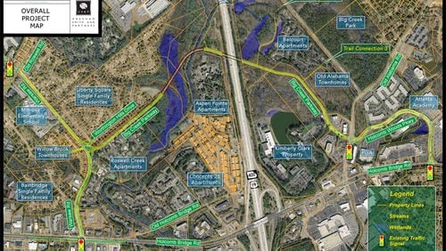 Map depicts the route of the proposed Big Creek Parkway in Roswell. The City Council has approved spending $635,000 to acquire 55.3 acres of right-of-way for the project. CITY OF ROSWELL