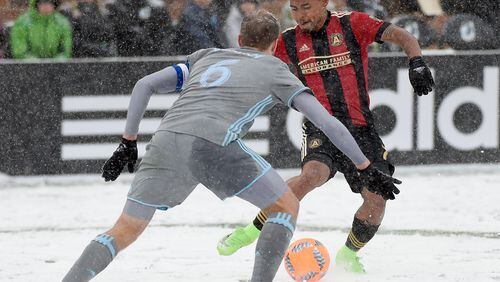 Josef Martinez of Atlanta United FC controls the ball against Vladim Demidov (6) of Minnesota United FC during the second half of the match on March 12, 2017 at TCF Bank Stadium in Minneapolis, Minnesota. Atlanta defeated Minnesota 6-1. (Photo by Hannah Foslien/Getty Images)