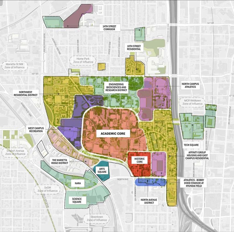 Georgia Tech's 2023 Comprehensive Campus Plan outlines distinct neighborhoods around the Atlanta campus, including the "historic core" on North Avenue. The plan includes a recommended campus zoning map. (Georgia Tech)
