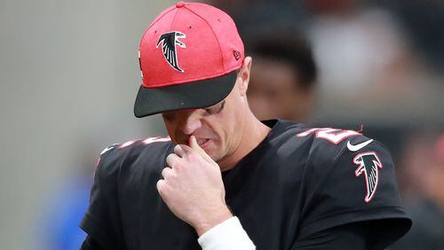 Atlanta Falcons quarterback Matt Ryan paces the sidelines as the Cincinnati Bengals go on a game winning drive in the final minutes of a NFL football game on Sunday, Sept 30, 2018, in Atlanta. The Bengals beat the Falcons 37-36.  Curtis Compton/ccompton@ajc.com