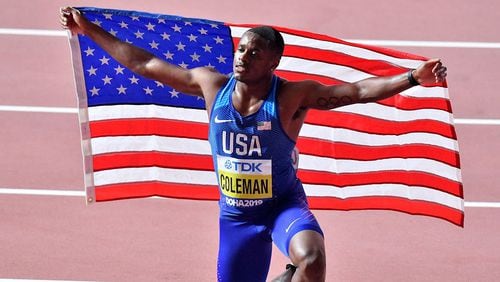 Atlanta's Christian Coleman at his finest moment: After winning the world championship gold medal in the men's 100 meters in 2019. (AP Photo/Martin Meissner)