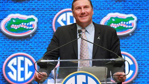 Florida head coach Dan Mullen holds his SEC Media Days press conference at the College Football Hall of Fame on Tuesday, July 17, 2018, in Atlanta.     Curtis Compton/ccompton@ajc.com