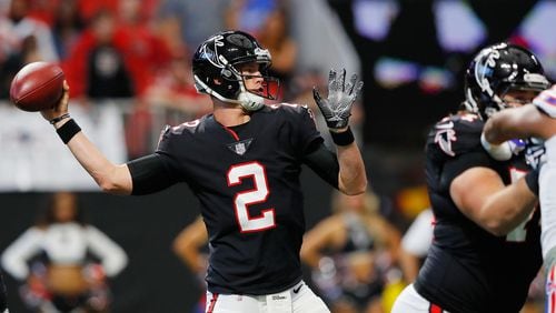 ATLANTA, GA - OCTOBER 01: Matt Ryan #2 of the Atlanta Falcons drops back to pass during the first half against the Buffalo Bills at Mercedes-Benz Stadium on October 1, 2017 in Atlanta, Georgia. (Photo by Kevin C.  Cox/Getty Images)