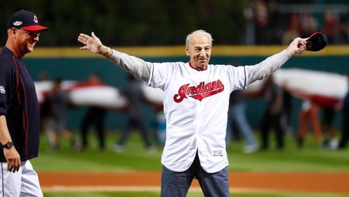 Tito Francona reacts after throwing a ceremonial first pitch before Game 1 of baseball's American League Division Series against the Boston Red Sox in Cleveland in 2016.  (AP Photo/Paul Sancya, Pool, File)