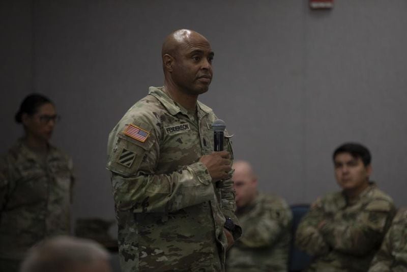 Command Sgt. Maj. Quentin Fenderson, the senior enlisted advisor for 3rd Infantry Division, discusses mold mitigation during professional development training with senior enlisted leaders on Fort Stewart, Georgia, Sep. 12, 2022. Fenderson addressed hundreds of leaders in the ranks of staff sergeant and above during the training to highlight the importance of leader presence in the barracks.