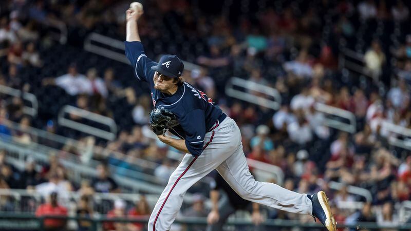 WASHINGTON, DC - JUNE 22: Luke Jackson #77 of the Atlanta Braves pitches against the Washington Nationals during the ninth inning at Nationals Park on June 22, 2019 in Washington, DC. (Photo by Scott Taetsch/Getty Images)