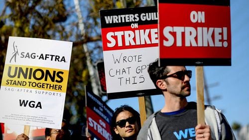 Writers Guild of America members, with support from SAG-AFTRA, walk the picket line on the first day of their strike in front of Sony Pictures on May 2, 2023, in Culver City, California. (Jay L. Clendenin/Los Angeles Times/TNS)