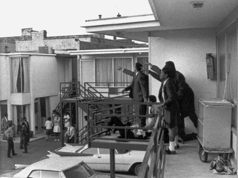 This photo was taken minutes after an assassin’s bullet struck the Rev. Martin Luther King Jr. at the Lorraine Motel in Memphis, Tenn., on April 4, 1968. AP PHOTO/FILES, COPYRIGHT 1968 TIME INC.