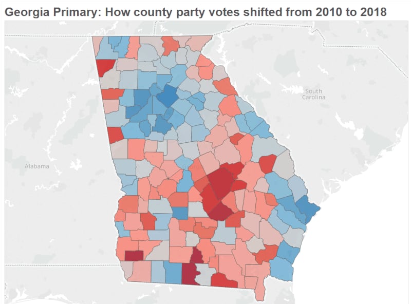This map shows the shift in primary voters from the 2010 gubernatorial primary to the 2018 gubernatorial primary. 