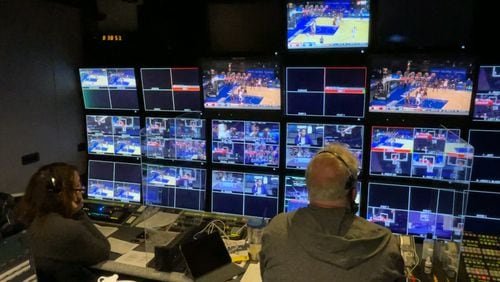 Inside Bally Sports' production truck for a Hawks telecast. (Photo courtesy of Bally Sports)