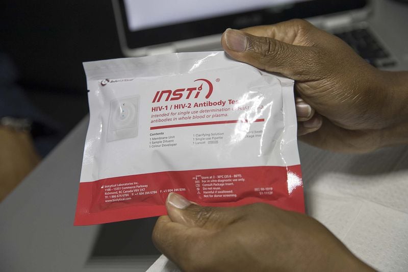An HIV antibody testing kit is used to test individuals on the Aids Healthcare Foundation mobile testing bus at Bible Way Ministries in Atlanta’s Norwood Manor neighborhood, Wednesday, December 11, 2019. 