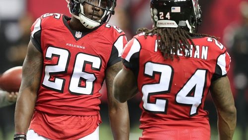 The Falcons have the NFL's best backfield duo in Tevin Coleman (left) and Devonta Freeman going into the 2017 season, according to Fox Sports.   Curtis Compton/ccompton@ajc.com