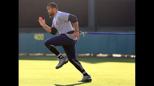 Braves outfielder Matt Kemp gets in some physical conditioning during spring training Thursday Feb. 16, 2017, at Champion Stadium at the ESPN Wide World of Sports in Lake Buena Vista, Fla.