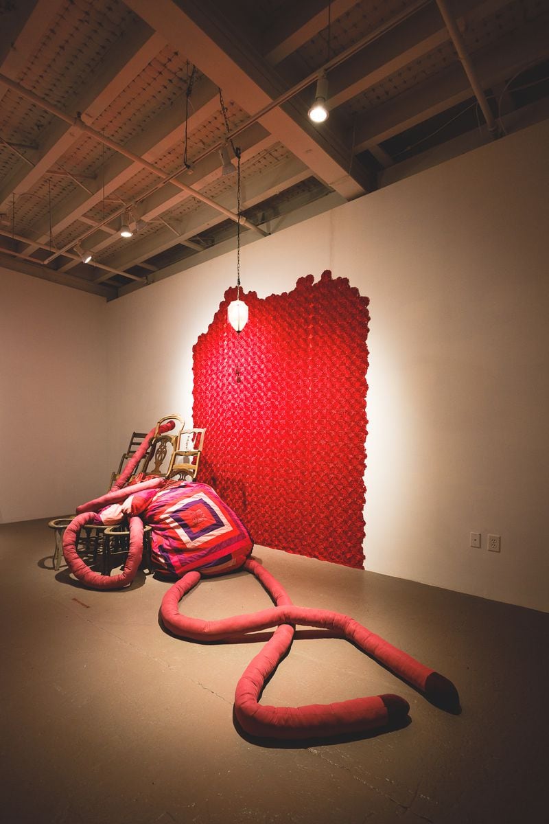 “I come honouring your power (Clytemnestra)," from Jessica Caldas’ "Every Stage of Becoming" exhibition at MOCA GA, included used house linens, polyester fiberfill and fabric wallpaper. Photo: Courtesy of Clint Fuller