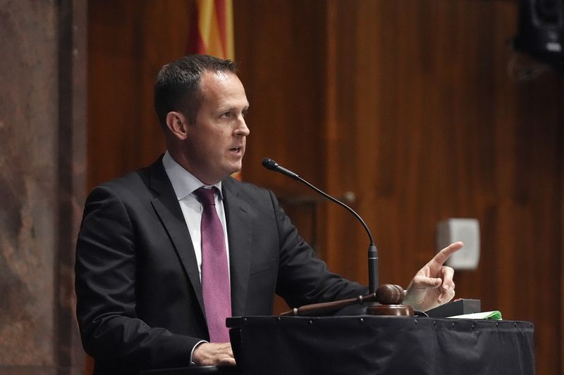 Arizona Speaker Pro Tempore Travis Grantham, R-Gilbert, speaks after the vote tally on the proposed repeal of Arizona's near-total ban on abortions winning approval from the state House Wednesday, April 24, 2024, in Phoenix. (AP Photo/Ross D. Franklin)