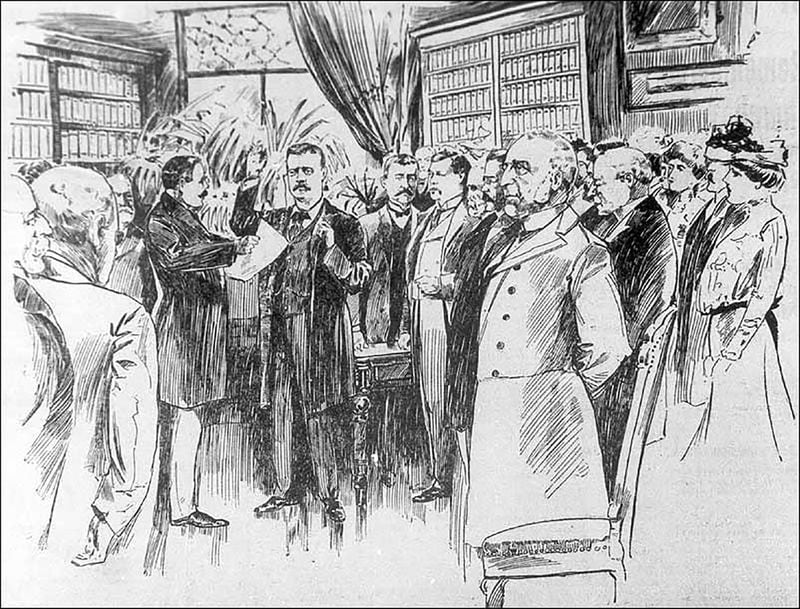 This illustration from 1901 shows Theodore Roosevelt taking the oath of office in the library of the home of Ansley Wilcox in Buffalo, N.Y. (National Parks Service)