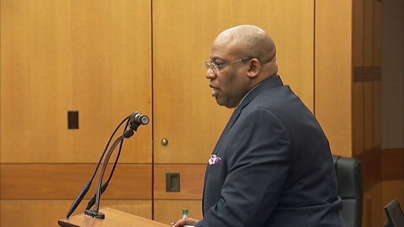 Lead prosecutor Clint Rucker discusses an issue with Judge Robert McBurney over a possible witness during the murder trial of Tex McIver on March 21, 2018 at the Fulton County Courthouse. (Channel 2 Action News)