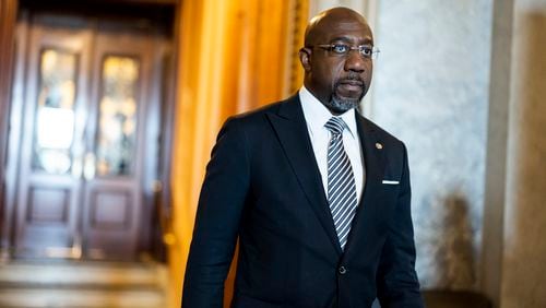 In this photo of May 11, 2022, Sen. Raphael Warnock (D-GA) walks out of the Senate Chambers during a series of votes in the U.S. Capitol Building in Washington, DC. (Anna Moneymaker/Getty Images/TNS)