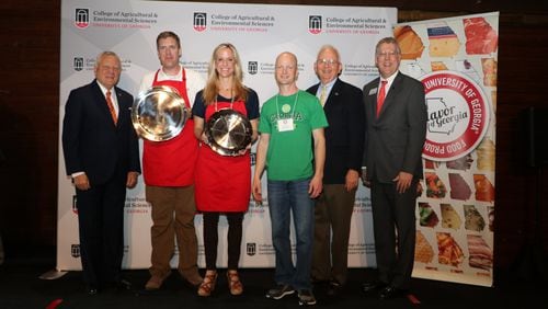 Governor Nathan Deal (from left), congratulates Harry and Jaime Foster and Travis Cole, of Georgia Grinders, who are accompanied by Georgia Agriculture Commissioner Gary Black and College of Agricultural and Environmental Sciences Dean and Director Sam Pardue. Georgia Grinder's Premium Nut Butters' Pecan Butter won the grand prize at the University of Georgia's Flavor of Georgia Food Product Contest.