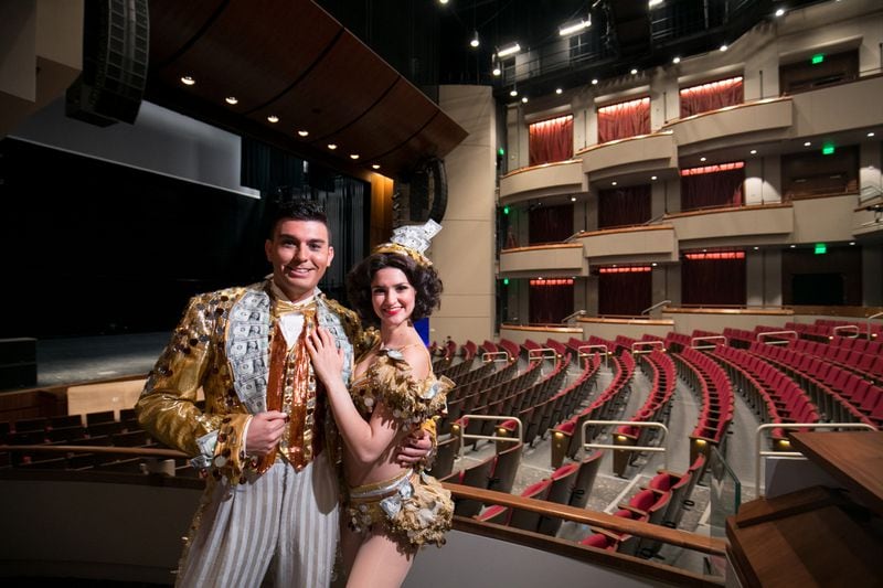 Actors/dancers for the musical 42nd Street Trey Getz, left, and Arielle Geller are shown on the main stage at the Sandy Springs Performing Arts Center Friday June 1, 2018, in Sandy Springs, Ga. The musical 42nd Street will open on September 14, 2018.