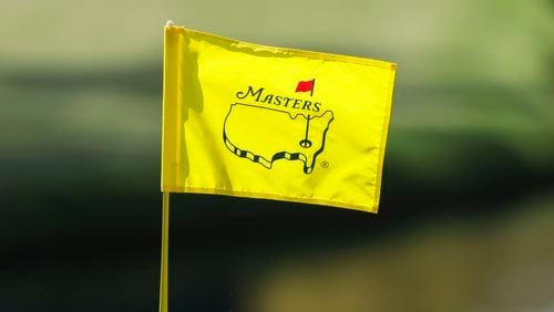 A Masters pin flag is shown on the 16th hole during the practice round of the 2024 Masters Tournament at Augusta National Golf Club, Monday, April 8, 2024, in Augusta, Ga. (Jason Getz / jason.getz@ajc.com)
